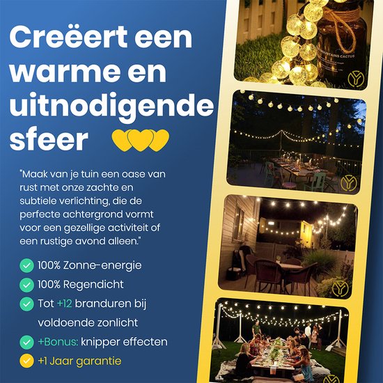 Yurda Tuinverlichting op zonne-energie - Lichtsnoeren - 50 led lampjes + 9 meter - Solar tuinverlichting - Tuinverlichting buiten