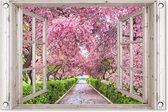 Tuinposter doorkijk sakura - Wit raam - Tuindecoratie roze bloemen - 60x40 cm - Tuinschilderij voor buiten - Tuindoek bloesemboom - Wanddecoratie tuin - Schuttingdoek - Balkon decoratie - Tuinversiering buitenposter - Muurdecoratie