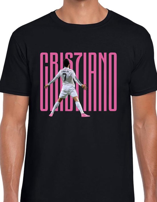 Ronaldo Uniseks T-Shirt - Zwart text roze- Maat M - Korte mouwen - Ronde hals - Normale pasvorm - Cristiano ronaldo - Voetbal - Voor mannen & vrouwen - Kado -veldman prints & packaging