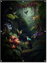 Tuinposter - Tuindoek - Tuinposters buiten - Bloemen - Planten - Jungle - Vogels - 90x120 cm - Tuin