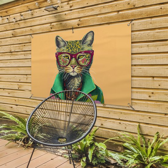 Affiche jardin - Toile jardin - Posters de jardin extérieur - Animaux - Chat - Lunettes - Fleurs - Hippie - 120x80 cm - Jardin