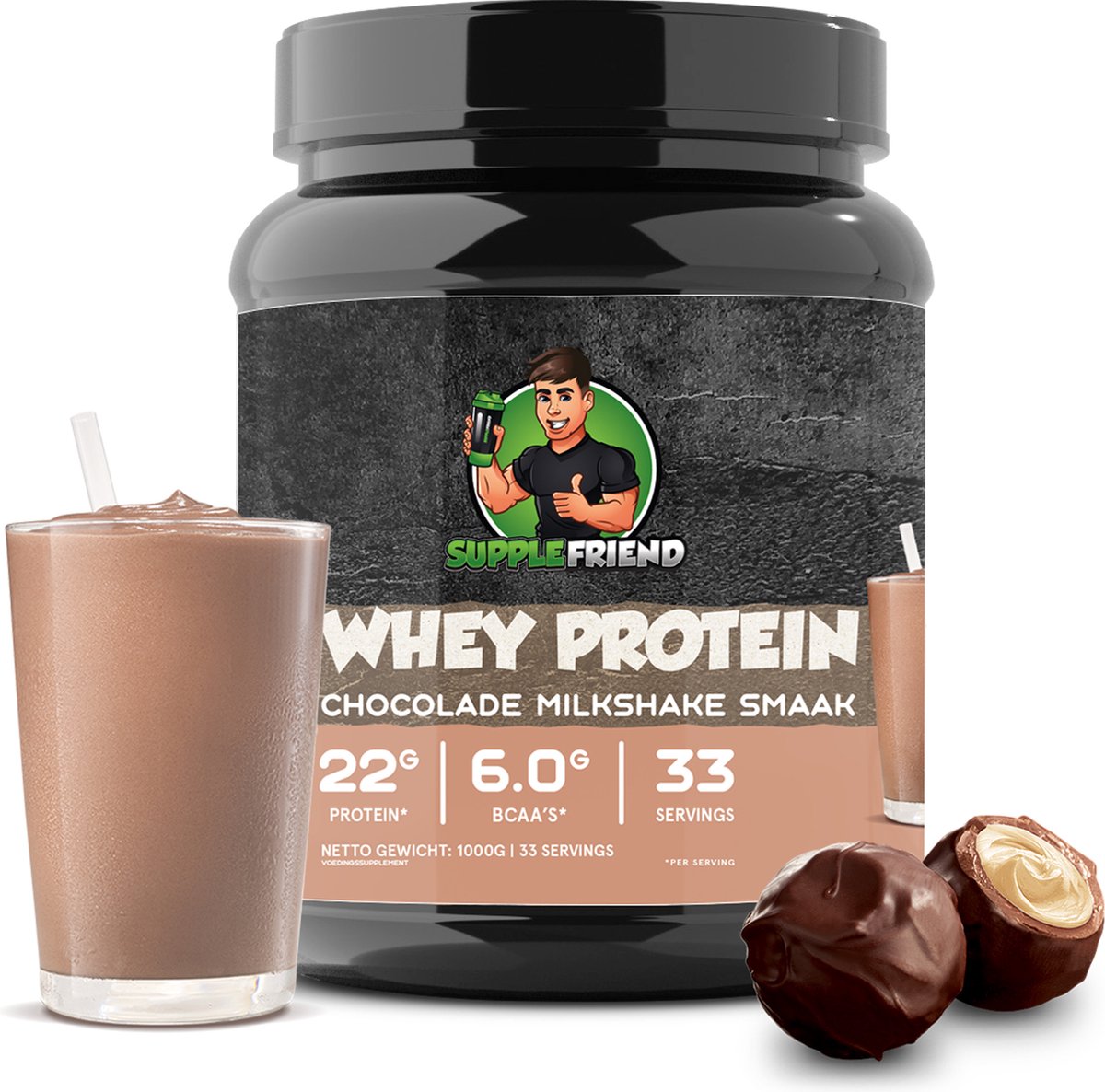 Supplefriend - Whey Protein - Proteine Poeder - Eiwitshake Chocolade - Eiwitpoeder - 33 shakes (1000g)