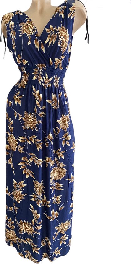 Dames maxi jurk bloemenprint One size donkerblauw/bruin
