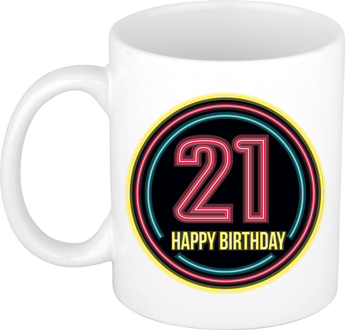 Bellatio Decorations Verjaardag mok / beker - happy birthday 21 jaar - neon - 300 ml