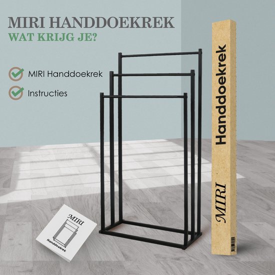 MiRi Handdoekrek – Handdoekhouder – Staand – Metaal – 3 rails – Vrijstaand – Zwart – Zonder Boren – Badkamer / Keuken