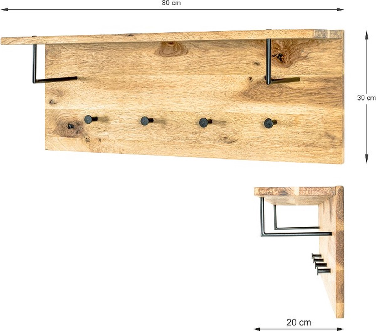Wandkapstok – Massief eikenhout met hoedenplank – 80x20x30 cm – Warm natuurlijk design