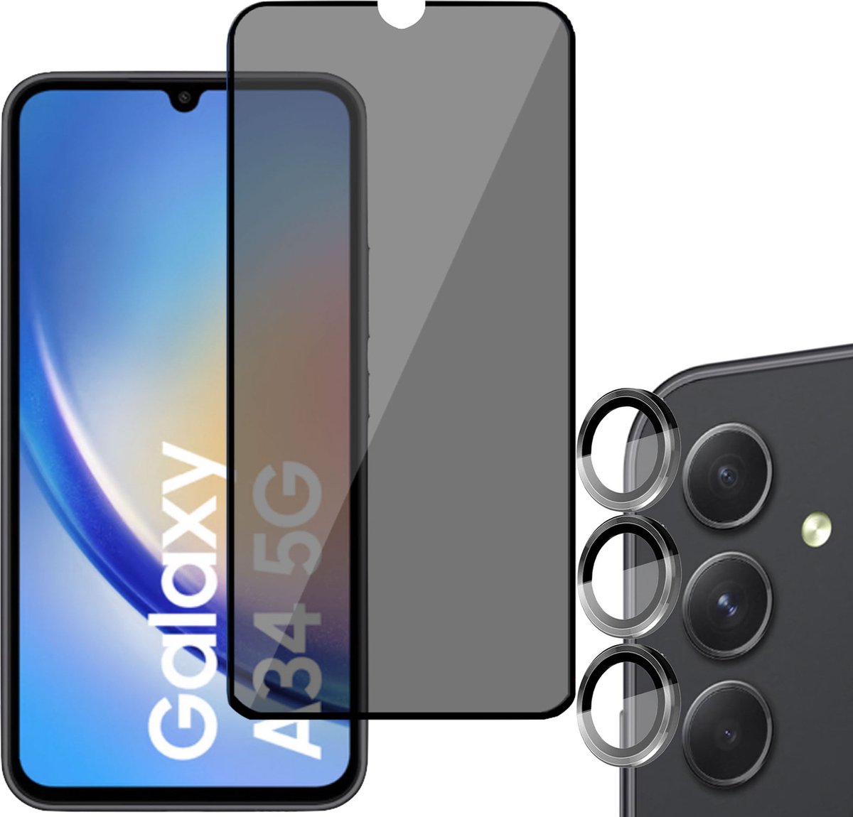 Privé Screenprotector geschikt voor Samsung A34 + Beschermglas Camera Lens - Privacy