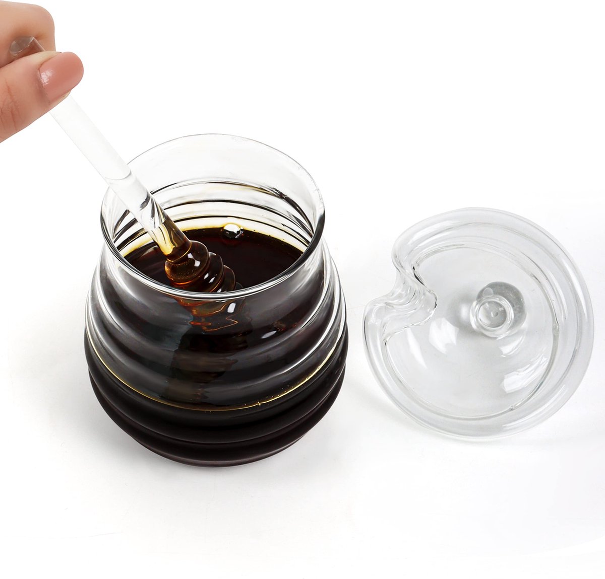 Belle Vous Glazen Honingpot met Dipper en Deksel - 400 ml - Glazen Honing Pot met Deksel voor Keuken of Bruiloften/Feesten - Houder voor Honing, Jams of Spijzen