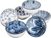 Japanse stijl keramische snackkommen set van 6 blauwe en witte kommen 11 cm kleine rijstkommen set soepkommen (11,4 cm)