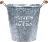 Metalen emmer/plantenpot zilver met houten handvat 14 liter D24 x H25 cm - Tuindecoratie - Bloememmer/bloembak/plantenbak