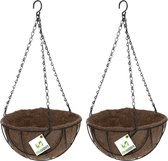 2x stuks metalen hanging baskets / plantenbakken zwart met ketting 25 cm inclusief kokosinlegvel - Hangende bloemen