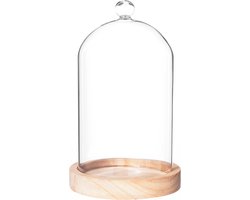 Atmosphera Home decoratie glazen stolp op houten plateau - glas/lichtbruin - D12 x H19 cm - Woonaccessoires