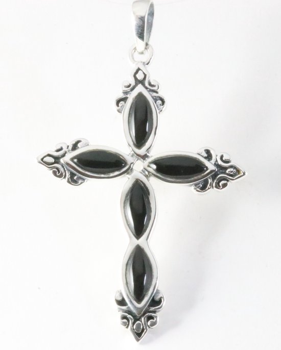 Grand pendentif croix en argent décoré avec onyx