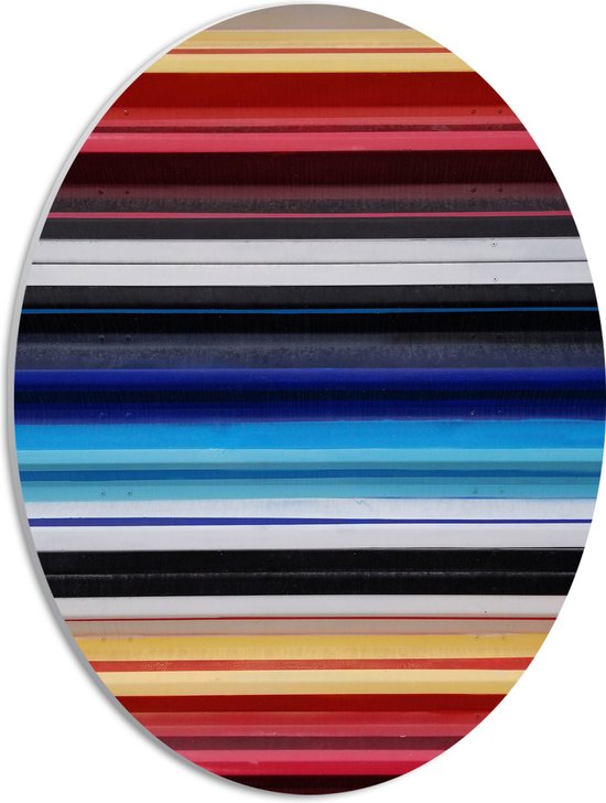 PVC Schuimplaat Ovaal - Strepen in het Rood, Geel, Blauw en Grijs - 30x40 cm Foto op Ovaal (Met Ophangsysteem)