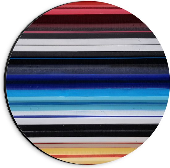Dibond Muurcirkel - Strepen in het Rood, Geel, Blauw en Grijs - 20x20 cm Foto op Aluminium Muurcirkel (met ophangsysteem)