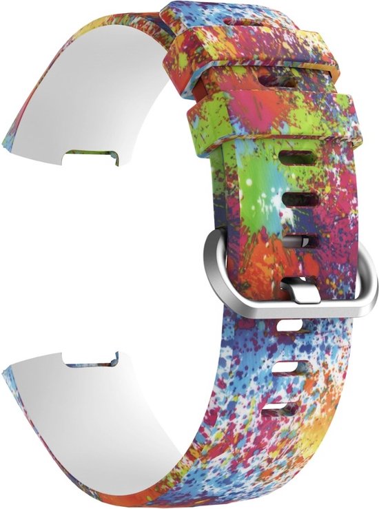 Smartwatch bandje met een kleurrijk, abstract graffiti-spuitverfpatroon en zilverkleurige gesp.