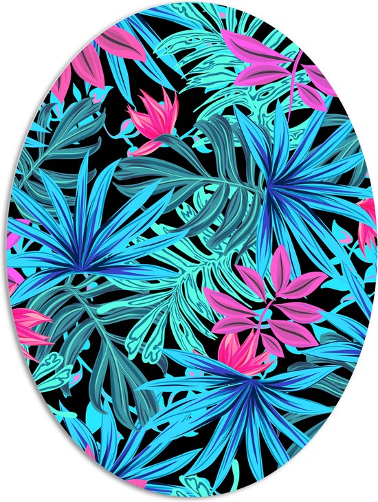 PVC Schuimplaat Ovaal - Patroon van Blauwe en Paarse Planten tegen Zwarte Achtergrond - 81x108 cm Foto op Ovaal (Met Ophangsysteem)