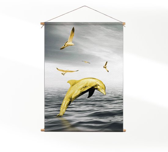 Textielposter Springende Dolfijnen Goud 02 M (55 X 40 CM) - Wandkleed - Wanddoek - Wanddecoratie