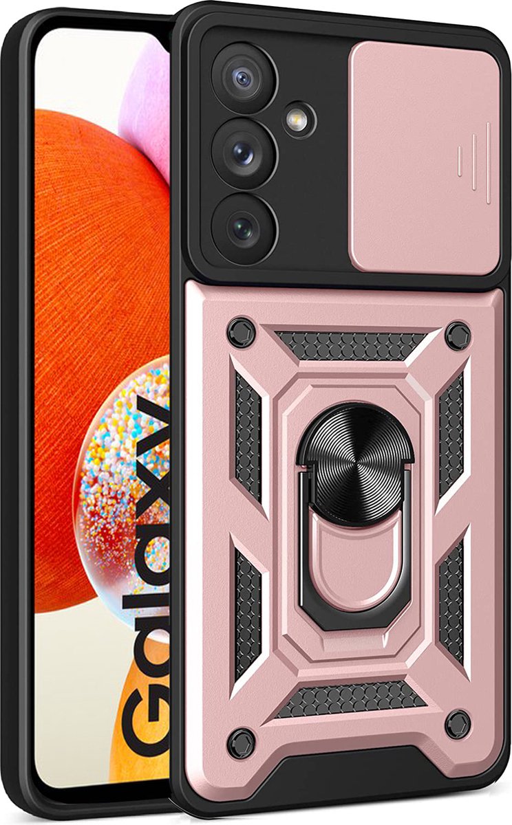Arara Hoesje geschikt voor Samsung Galaxy A14 hoesje met Ringhouder en Camera schuifje - shockproof case - rosegoud