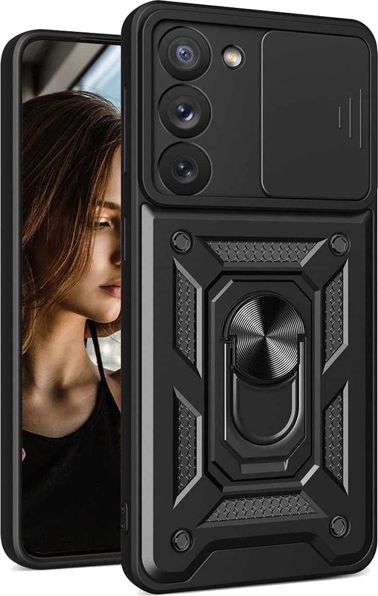 Arara Hoesje geschikt voor Samsung Galaxy S23 hoesje met Ring Houder en camera bescherming schuifje – Zwart