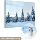 MuchoWow® Glasschilderij 90x60 cm - Schilderij acrylglas - Winter - Sneeuw - Bomen - Foto op glas - Schilderijen