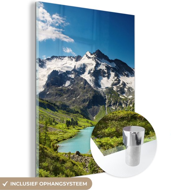 MuchoWow® Glasschilderij 30x40 cm - Schilderij acrylglas - Sneeuw - Berg - Water - Foto op glas - Schilderijen