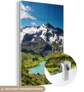 MuchoWow® Glasschilderij 60x90 cm - Schilderij acrylglas - Sneeuw - Berg - Water - Foto op glas - Schilderijen