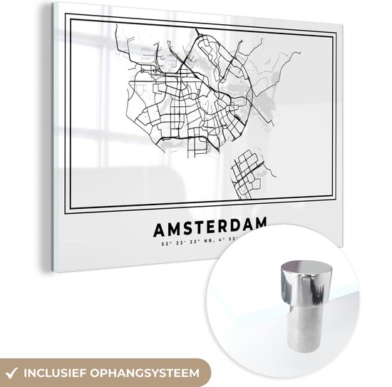 MuchoWow® Peinture sur Verre - Pays- Nederland – Amsterdam – Plan de Ville – Carte – Zwart Wit – Carte - 120x80 cm - Peintures sur Verre Peintures - Photo sur Glas