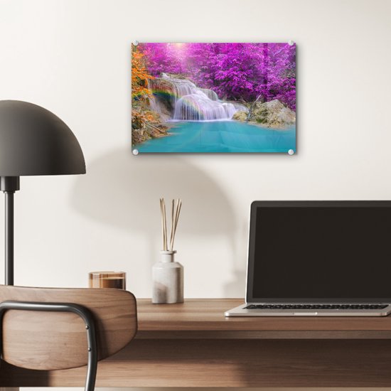 MuchoWow® Peinture sur verre 30x20 cm - Peinture sur verre acrylique - Cascade - Arbres - Arc-en-ciel - Violet - Photo sur verre - Peintures