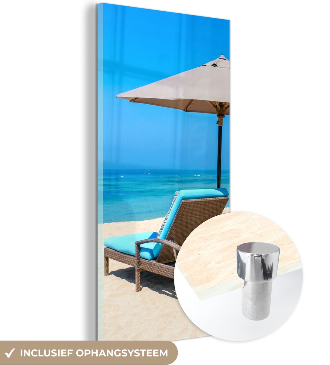 MuchoWow® Glasschilderij 20x40 cm - Schilderij acrylglas - Strandstoel - Parasol - Zomer - Zee - Foto op glas - Schilderijen