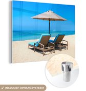 MuchoWow® Peinture sur verre 160x120 cm - Peinture sur verre acrylique - Chaise de plage - Parasol - Été - Mer - Photo sur verre - Peintures