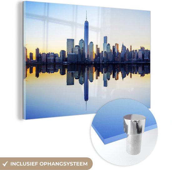 MuchoWow® Glasschilderij 150x100 cm - Schilderij acrylglas - Skyline - New York - Water - Foto op glas - Schilderijen