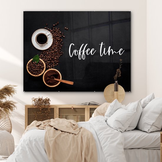 MuchoWow® Peinture sur verre 160x120 cm - Peinture sur verre acrylique - Citations - Dictons - L'heure du Coffee - Café - Photo sur verre - Peintures