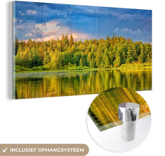 MuchoWow® Glasschilderij 80x40 cm - Schilderij acrylglas - Water - Natuur - Bos - Foto op glas - Schilderijen