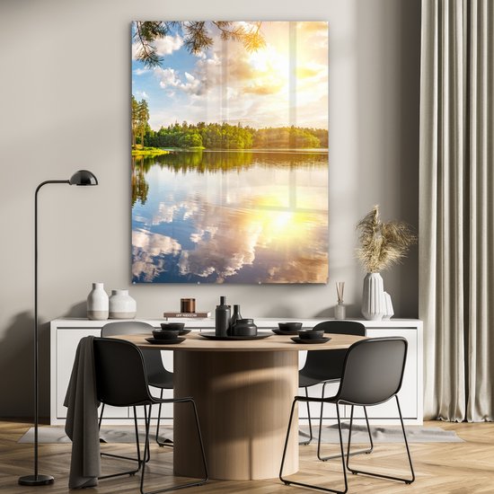 MuchoWow® Glasschilderij 90x120 cm - Schilderij acrylglas - Bomen - Water - Zon - Foto op glas - Schilderijen
