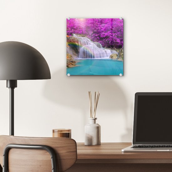 MuchoWow® Peinture sur verre 20x20 cm - Peinture sur verre acrylique - Cascade - Arbres - Arc-en-ciel - Violet - Photo sur verre - Peintures