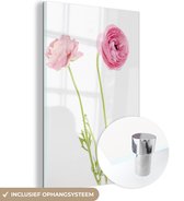 MuchoWow® Glasschilderij 40x60 cm - Schilderij acrylglas - Roze boterbloemen met een witte achtergrond - Foto op glas - Schilderijen