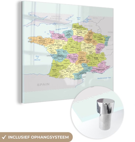 MuchoWow® Glasschilderij 20x20 cm - Schilderij acrylglas - Kleurrijke kaart van Frankrijk - Foto op glas - Schilderijen