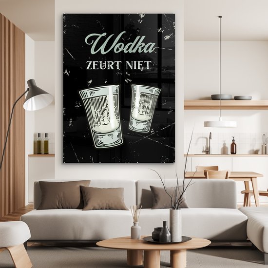 MuchoWow® Glasschilderij 120x160 cm - Schilderij acrylglas - Wodka - Shotglaasjes - Quote - Foto op glas - Schilderijen - Cadeau voor vrouw - Cadeau voor man