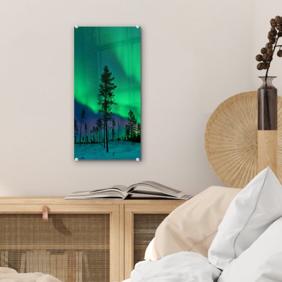MuchoWow® Peinture sur verre 20x40 cm - Peinture sur verre acrylique - Aurores boréales - Suède - Arbre - Photo sur verre - Peintures