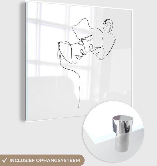 MuchoWow® Glasschilderij 50x50 cm - Schilderij acrylglas - Abstracte line art van een koppel die de hoofden bij elkaar houdt vierkant - Foto op glas - Schilderijen