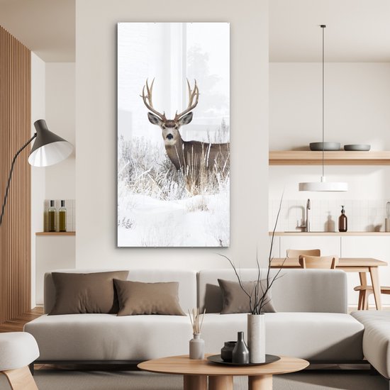 MuchoWow® Peinture sur verre 80x160 cm - Peinture sur verre acrylique - Cerf - Hiver - Neige - Animaux - Saisons - Wit - Photo sur verre - Peintures