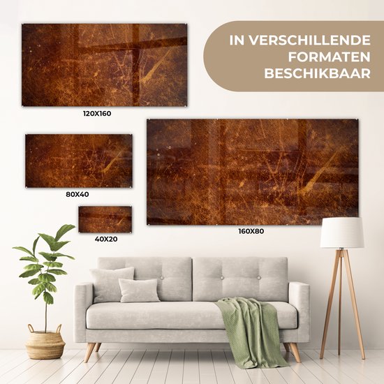 MuchoWow® Peinture sur verre 160x80 cm - Peinture sur verre acrylique - Cuir - Aspect cuir - Marron - Oranje - Photo sur verre - Peintures