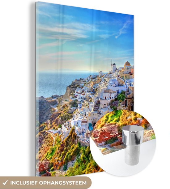 MuchoWow® Glasschilderij 90x120 cm - Schilderij acrylglas - Gebergte Santorini Griekenland - Foto op glas - Schilderijen