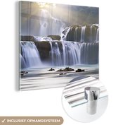 MuchoWow® Glasschilderij 90x90 cm - Schilderij acrylglas - Waterval - Rotsen - Natuur - Foto op glas - Schilderijen