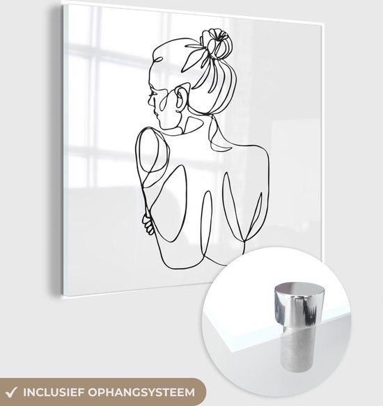 MuchoWow® Glasschilderij 50x50 cm - Schilderij acrylglas - Abstracte line art van een vrouw van achteren vierkant - Foto op glas - Schilderijen