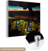 MuchoWow® Glasschilderij 20x20 cm - Schilderij acrylglas - Cockpit - Vliegtuig - Zonsondergang - Foto op glas - Schilderijen