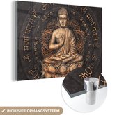 Glasschilderij - Foto op glas - Boeddha - Buddha beeld - Meditatie - Mantra - Spiritueel - Wanddecoratie - Acrylglas - Schilderij glas - 150x100 cm - Schilderijen woonkamer