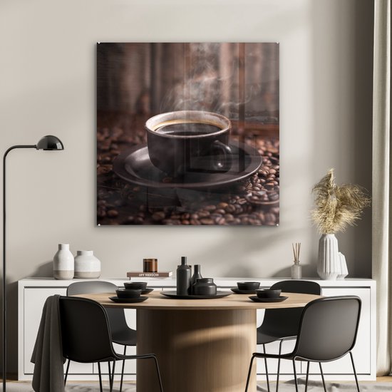 MuchoWow® Peinture sur verre 90x90 cm - Peinture sur verre - Café - Chaud - Grains de café - Photo sur verre acrylique - Peintures