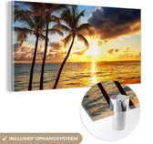 Glasschilderij - Strand - Palmboom - Zee - Foto op glas - 80x40 cm - Acrylglas - Glasschilderij natuur - Schilderij glas - Glasschilderij strand - Wanddecoratie glas - Woonkamer